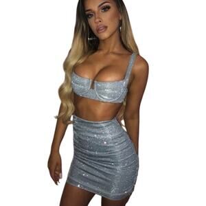 NWT Babyboo Silver Sparkle Estera Top & Stella Mini Skirt Coord Set Size XS